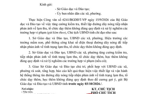 Công văn về việc chỉ đạo tăng cường kiểm tra, thiết lập đường dây nóng tiếp nhận phản ánh về lạm thu, tổ chức dạy thêm không đúng quy định và xử lý nghiêm các trường hợp vi phạm.
