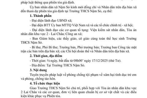 📢📢📢 THÔNG BÁO – MỜI THAM DỰ PHIÊN TÒA GIẢ ĐỊNH TUYÊN TRUYỀN PHÁP LUẬT