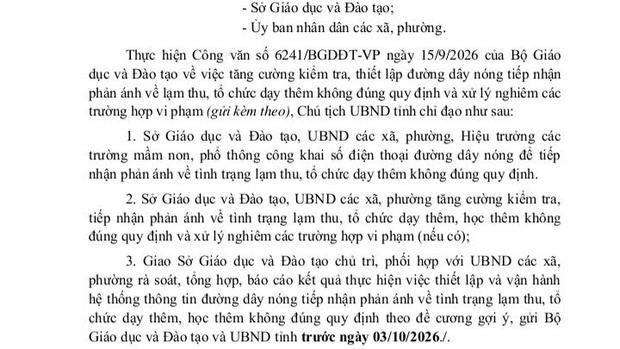 Công văn về việc chỉ đạo tăng cường kiểm tra, thiết lập đường dây nóng tiếp nhận phản ánh về lạm thu, tổ chức dạy thêm không đúng quy định và xử lý nghiêm các trường hợp vi phạm.